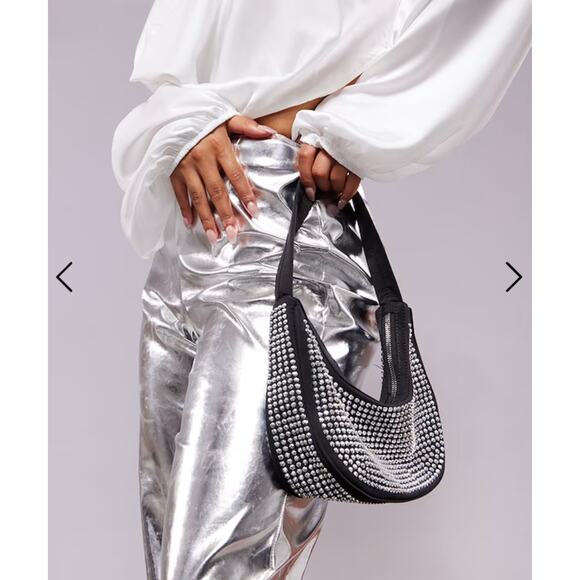 NWT PrettyLittleThing Black Diamante Stud Curved Shoulder Bag - Picture 2 of 9